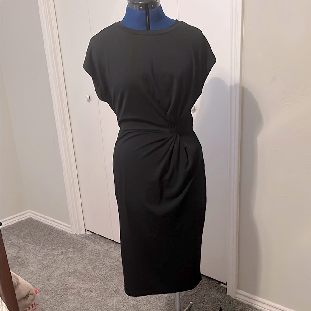 Adibosy Black Tie Front Midi Dress with Cap Dolman Sleeves | LBD - Picture 3 of 12